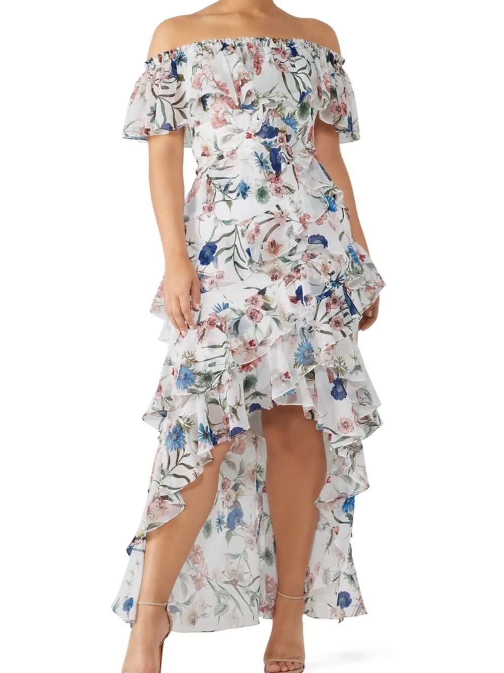 Badgley Mischka Floral Off-the-Shoulder High-Low Gown